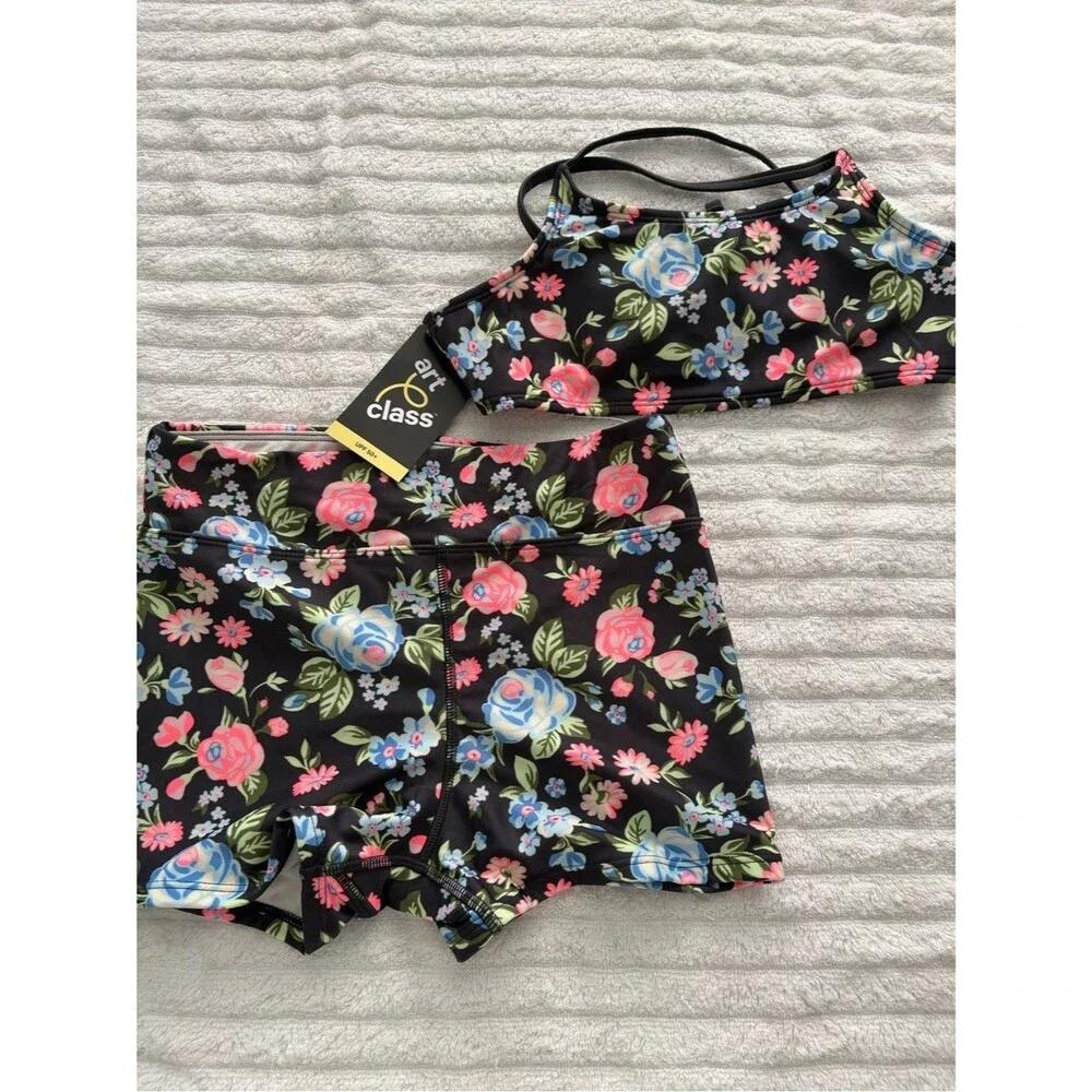 Art Class Girls Floral 2-Piece Swimsuit Size L 10/12 NWT UPF 50+ Crisscross Back